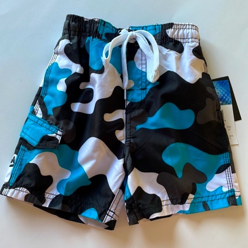 5:$25 Kanu Swim Shorts Blue/Black Aqua Camo Size 3T